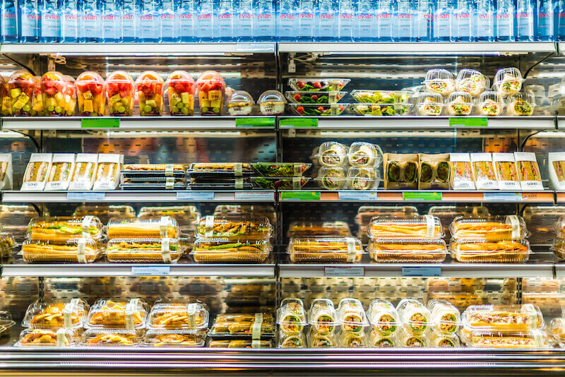 Packaged food products on retail shelves